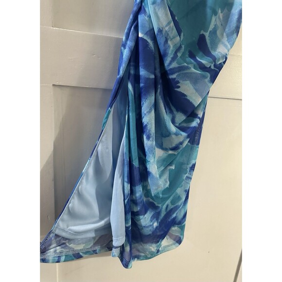 Women’s Blue Green Abstract Floral Cowl Neck Strappy Back Ruched Maxi Dress Sz S - Picture 7 of 8